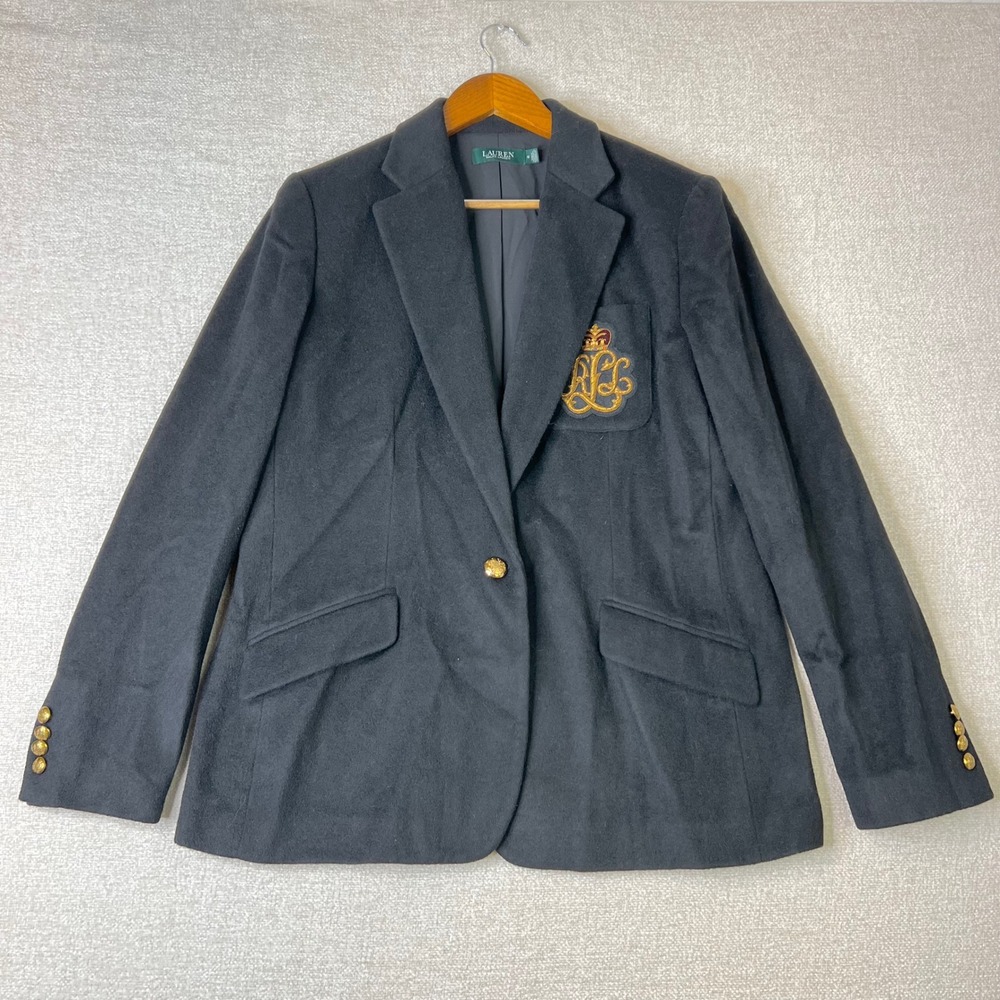 Lauren Ralph Lauren Black Wool Blend Crest Blazer Gold Buttons Size 16 Old Money